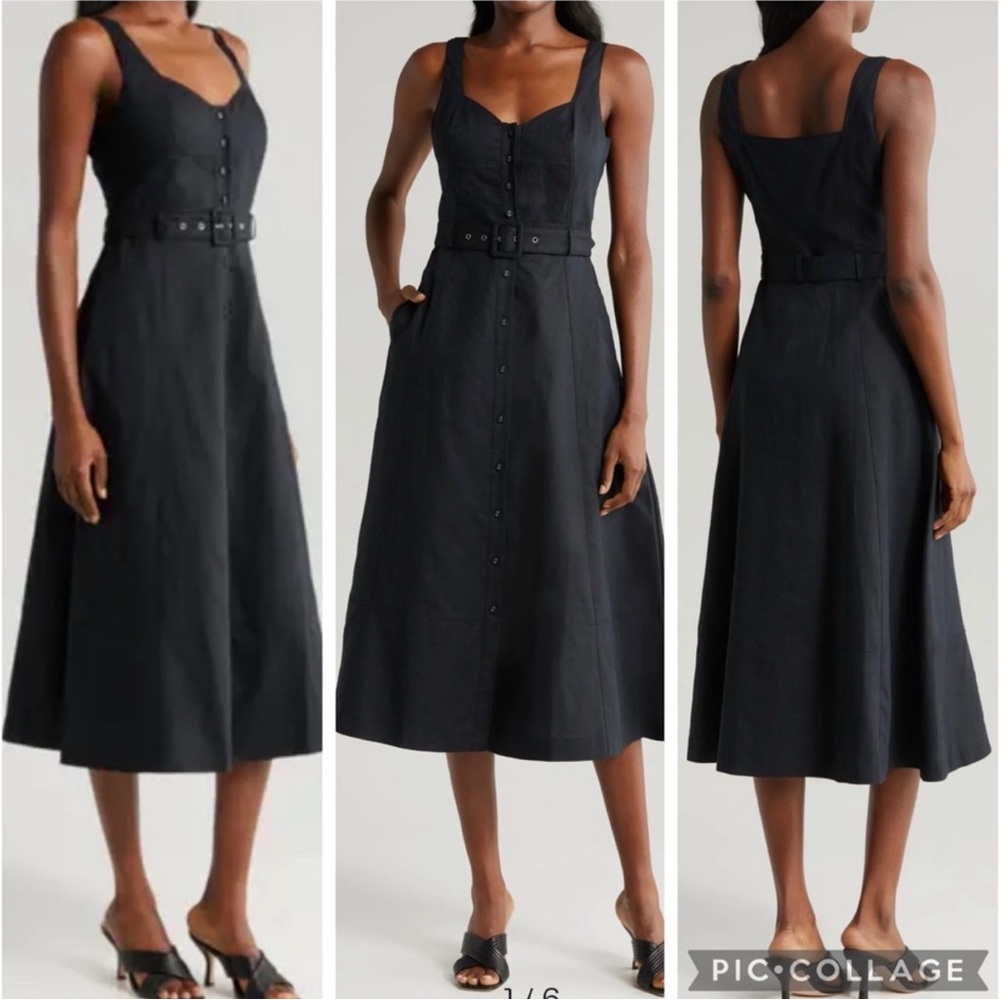 PAIGE Black Midi Button-Front Belted Dress